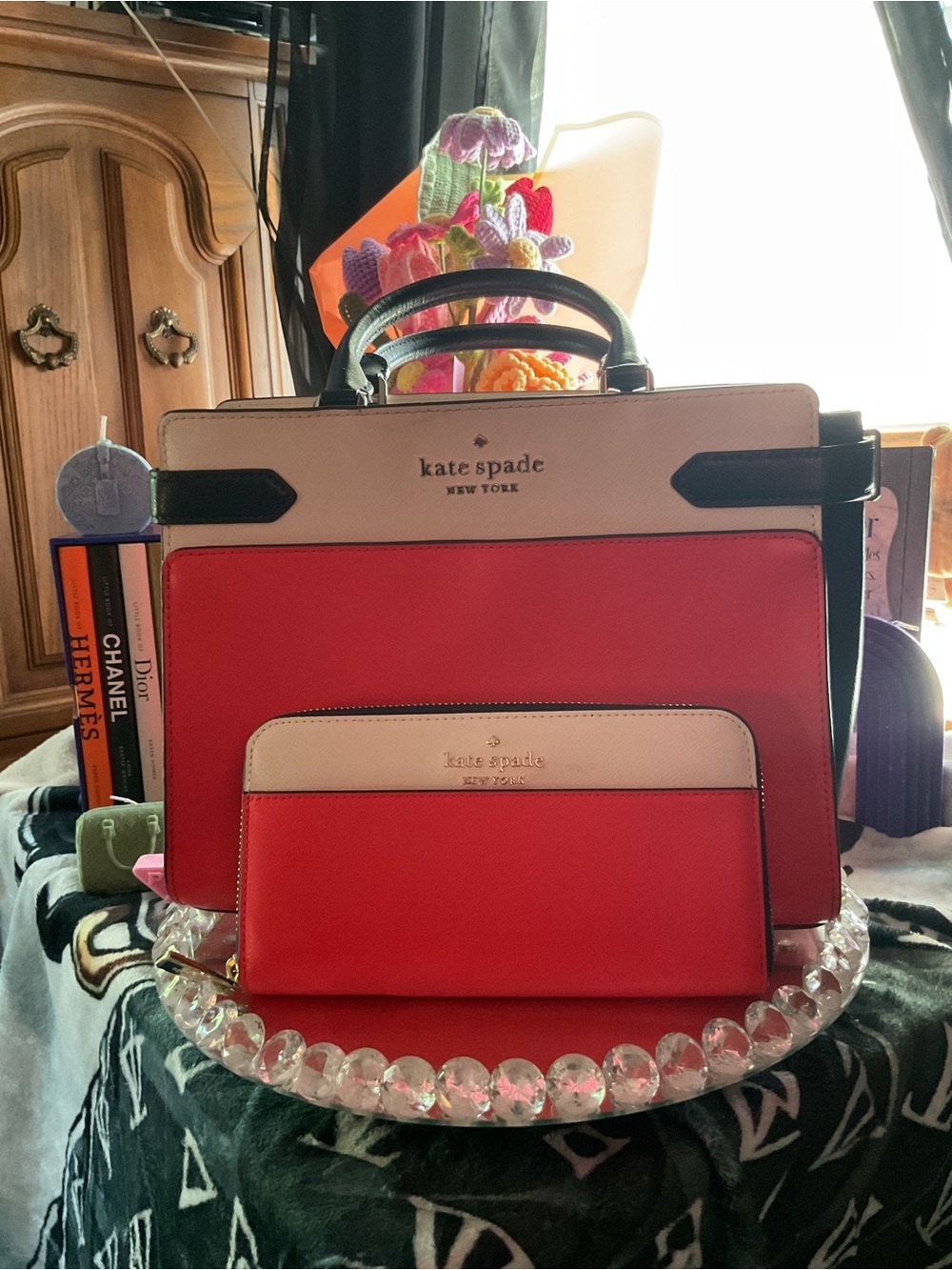 kate spade Coral and Cream Leather Satchel with Matching Wallet